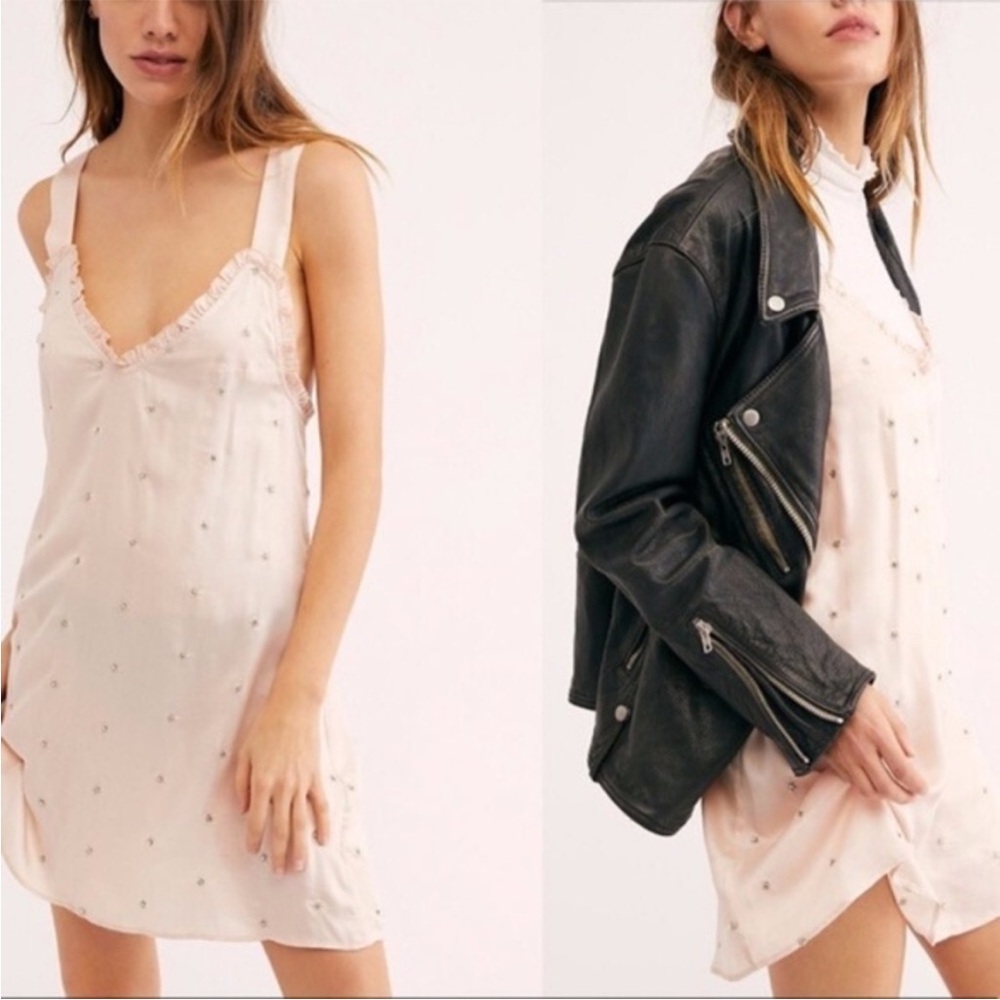 Free People Pink Ruffle Beaded Metallic Embroidered Dreaming of You Slip Dress S